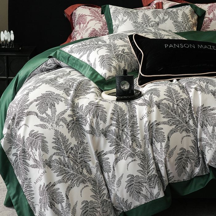 91家纺网 家纺一手货源 找家纺 威克凯丽 2024新款100S缎面数码印花四件套 夏日风情 绿