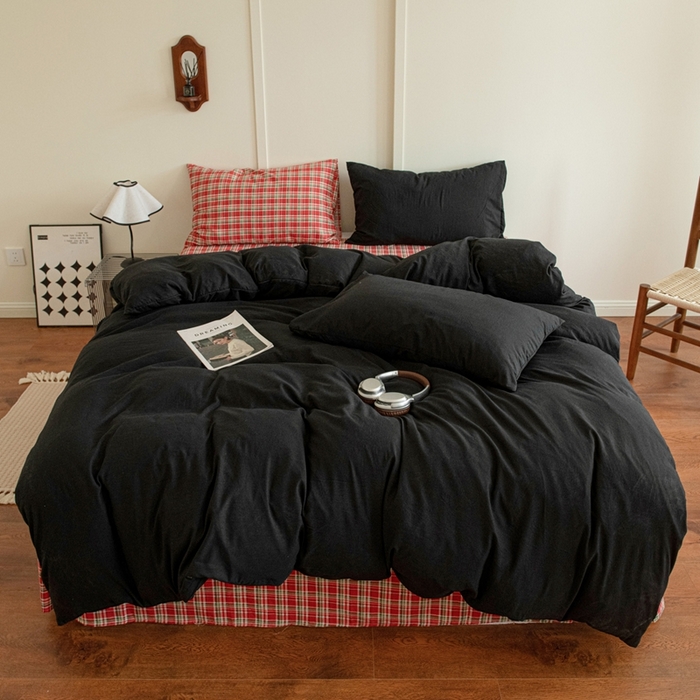 91家纺网 家纺一手货源 找家纺 尤米 2025新款亲肤舒适混搭ins风四件套系列 树莓黑巧