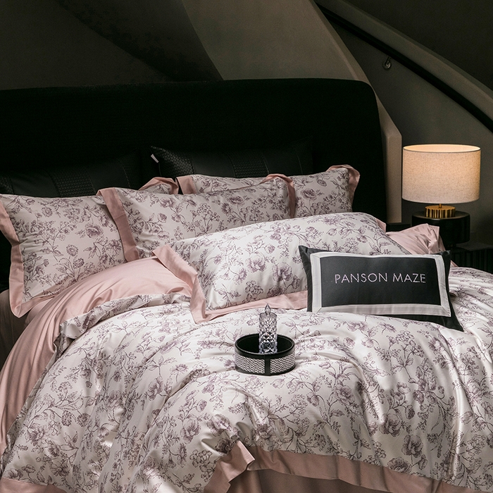 91家纺网 家纺一手货源 找家纺 威克凯丽 2024新款100S缎面数码印花四件套 香颂 （爱妲粉）