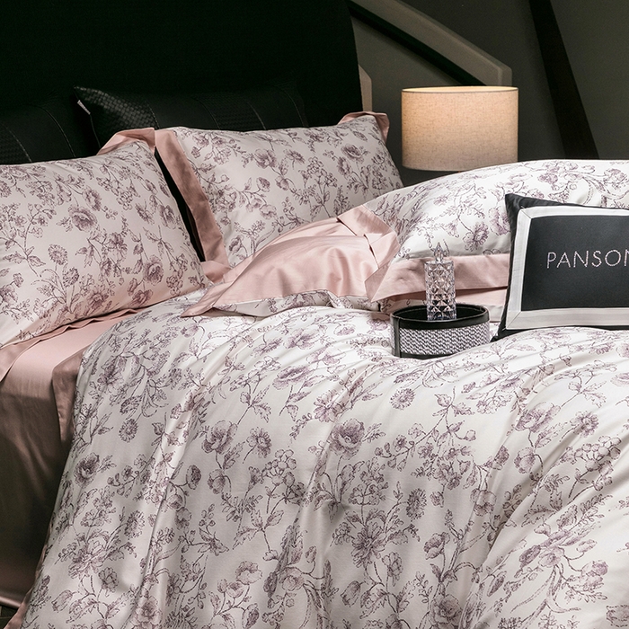 91家纺网 家纺一手货源 找家纺 威克凯丽 2024新款100S缎面数码印花四件套 香颂 （爱妲粉）