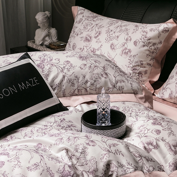 91家纺网 家纺一手货源 找家纺 威克凯丽 2024新款100S缎面数码印花四件套 香颂 （爱妲粉）