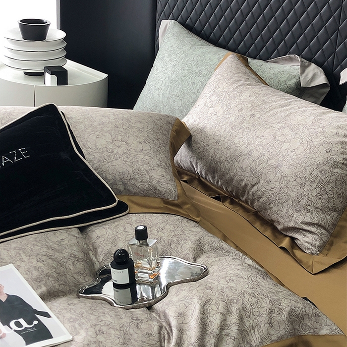 91家纺网 家纺一手货源 找家纺 威克凯丽 2024新款100S缎面数码印花四件套 香榭丽-咖