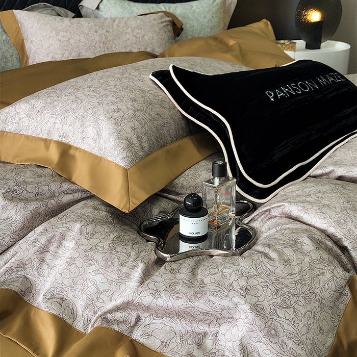 91家纺网 家纺一手货源 找家纺 威克凯丽 2024新款100S缎面数码印花四件套 香榭丽-咖