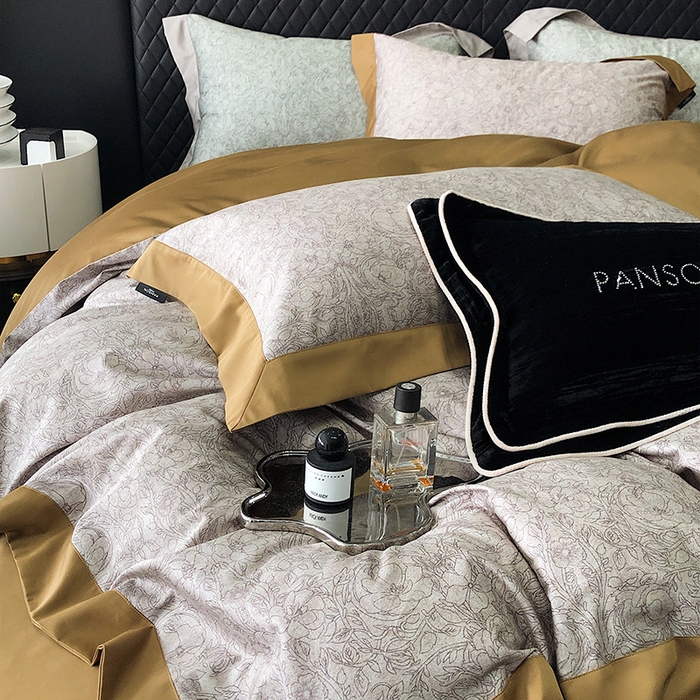 91家纺网 家纺一手货源 找家纺 威克凯丽 2024新款100S缎面数码印花四件套 香榭丽-咖