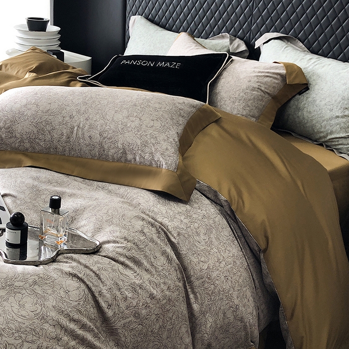 91家纺网 家纺一手货源 找家纺 威克凯丽 2024新款100S缎面数码印花四件套 香榭丽-咖