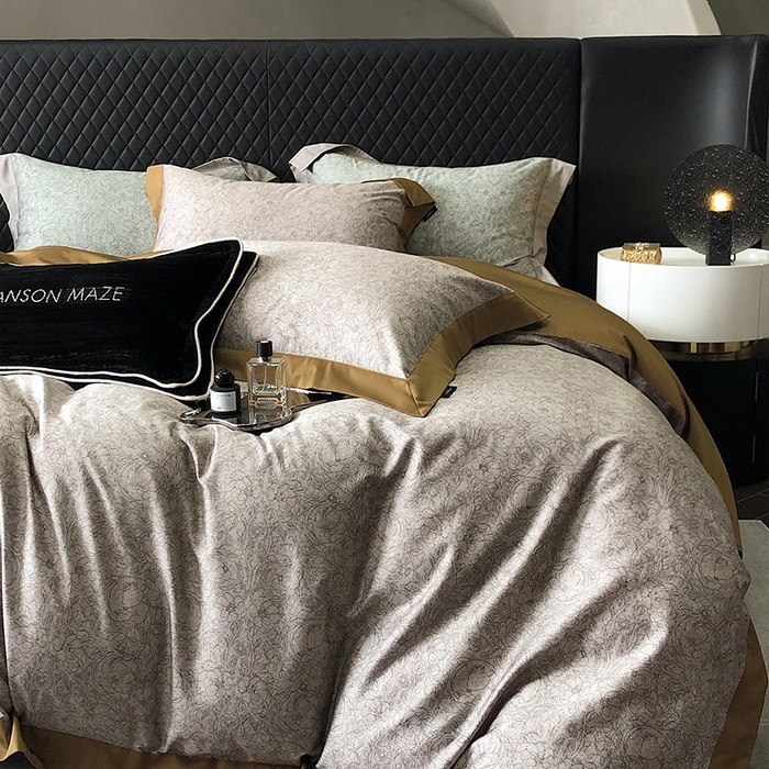 91家纺网 家纺一手货源 找家纺 威克凯丽 2024新款100S缎面数码印花四件套 香榭丽-咖