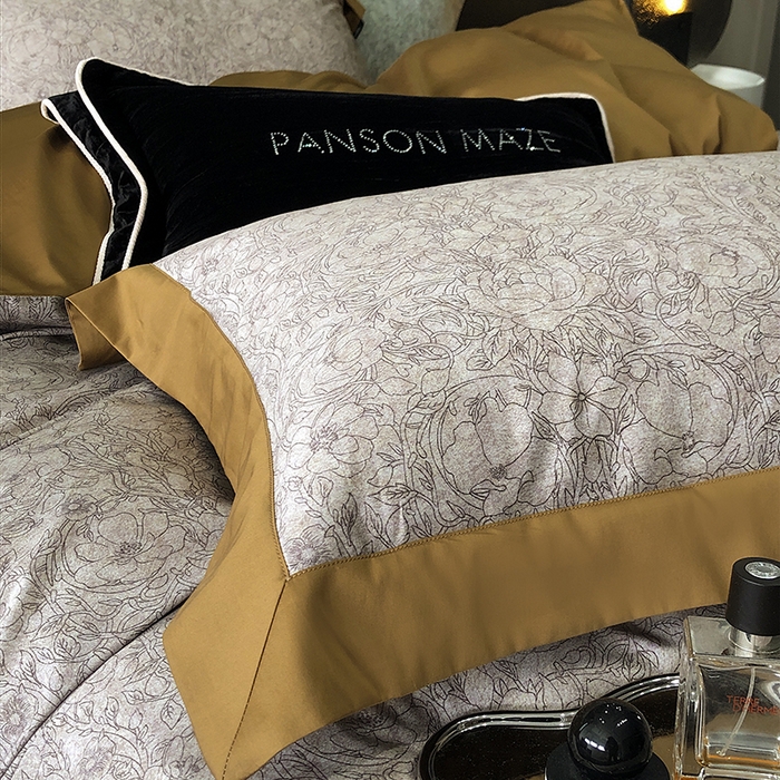 91家纺网 家纺一手货源 找家纺 威克凯丽 2024新款100S缎面数码印花四件套 香榭丽-咖