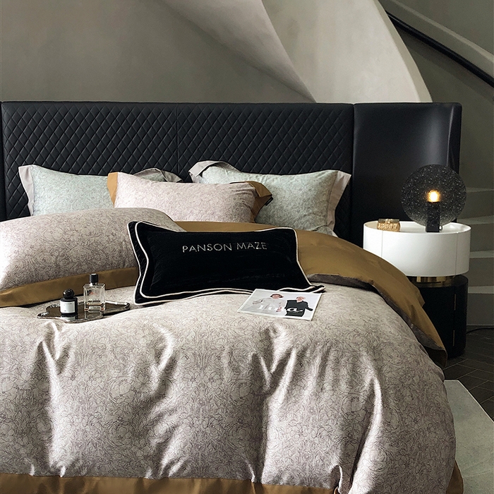 91家纺网 家纺一手货源 找家纺 威克凯丽 2024新款100S缎面数码印花四件套 香榭丽-咖