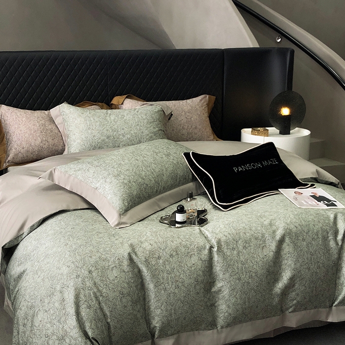 91家纺网 家纺一手货源 找家纺 威克凯丽 2024新款100S缎面数码印花四件套 香榭丽-绿