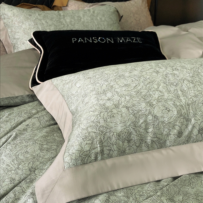 91家纺网 家纺一手货源 找家纺 威克凯丽 2024新款100S缎面数码印花四件套 香榭丽-绿