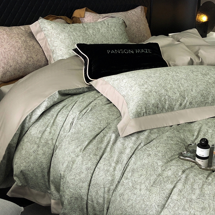 91家纺网 家纺一手货源 找家纺 威克凯丽 2024新款100S缎面数码印花四件套 香榭丽-绿