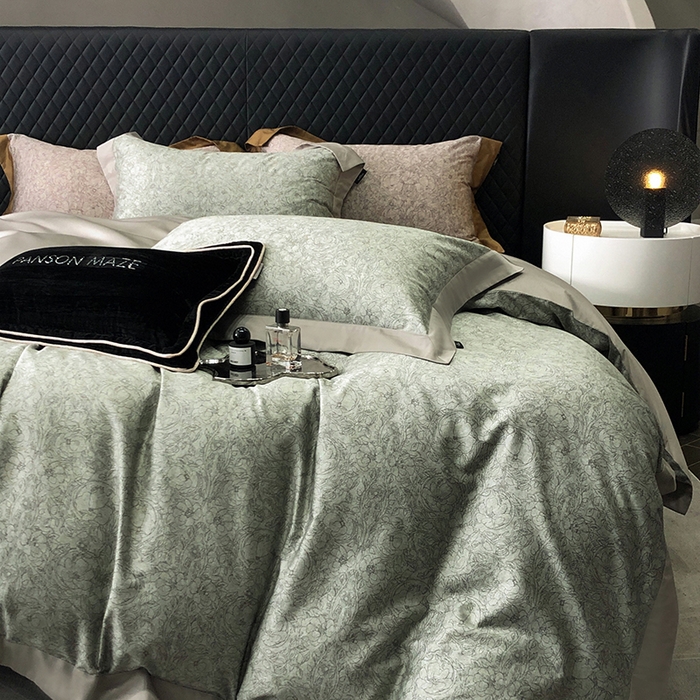 91家纺网 家纺一手货源 找家纺 威克凯丽 2024新款100S缎面数码印花四件套 香榭丽-绿