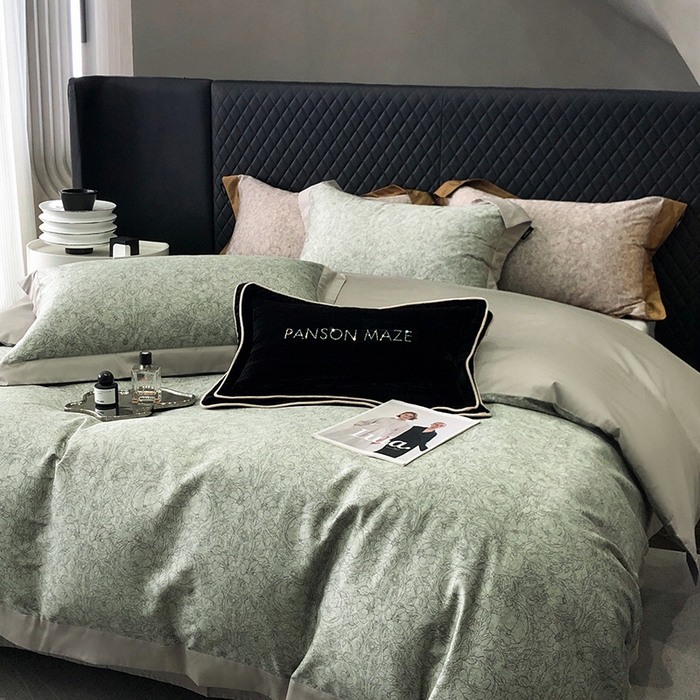 91家纺网 家纺一手货源 找家纺 威克凯丽 2024新款100S缎面数码印花四件套 香榭丽-绿