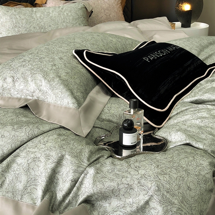 91家纺网 家纺一手货源 找家纺 威克凯丽 2024新款100S缎面数码印花四件套 香榭丽-绿