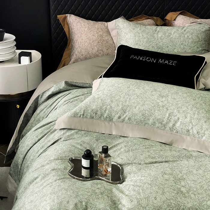 91家纺网 家纺一手货源 找家纺 威克凯丽 2024新款100S缎面数码印花四件套 香榭丽-绿