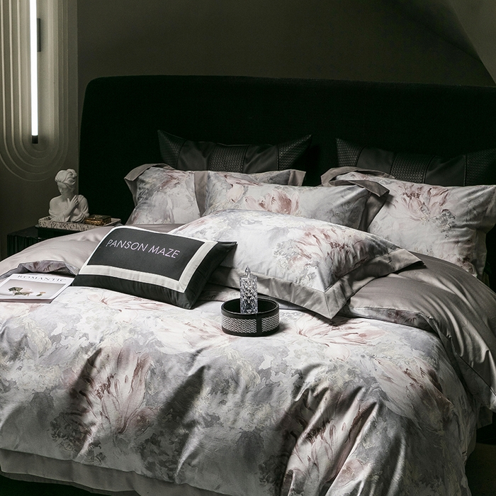 91家纺网 家纺一手货源 找家纺 威克凯丽 2024新款100S缎面数码印花四件套 园逸（星辰灰）