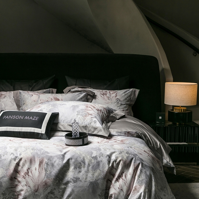 91家纺网 家纺一手货源 找家纺 威克凯丽 2024新款100S缎面数码印花四件套 园逸（星辰灰）