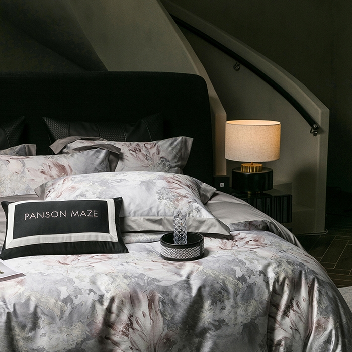 91家纺网 家纺一手货源 找家纺 威克凯丽 2024新款100S缎面数码印花四件套 园逸（星辰灰）