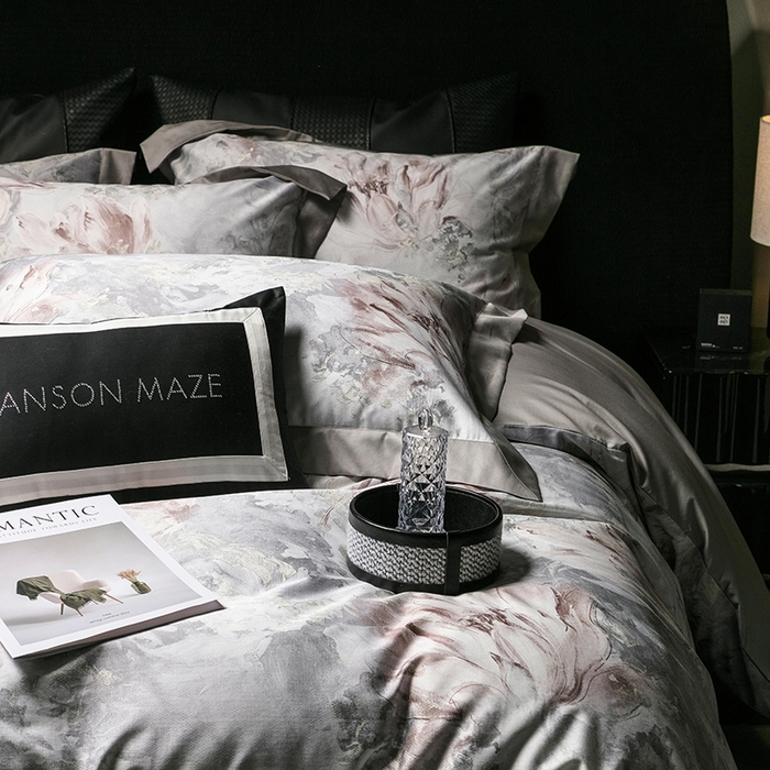 91家纺网 家纺一手货源 找家纺 威克凯丽 2024新款100S缎面数码印花四件套 园逸（星辰灰）