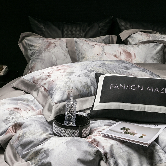 91家纺网 家纺一手货源 找家纺 威克凯丽 2024新款100S缎面数码印花四件套 园逸（星辰灰）