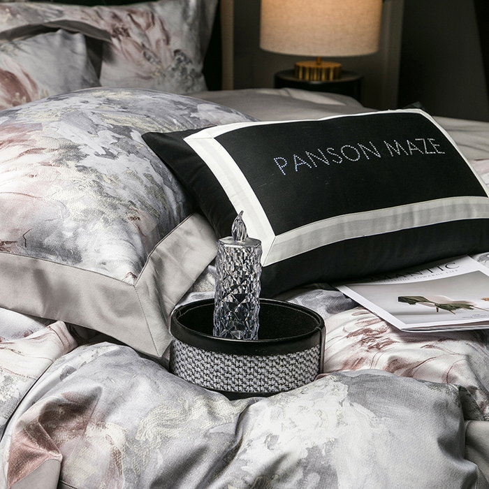 91家纺网 家纺一手货源 找家纺 威克凯丽 2024新款100S缎面数码印花四件套 园逸（星辰灰）