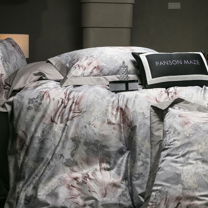 91家纺网 家纺一手货源 找家纺 威克凯丽 2024新款100S缎面数码印花四件套 园逸（星辰灰）