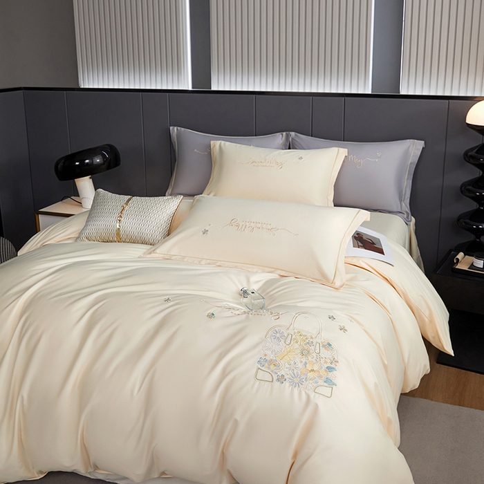 91家纺网 家纺一手货源 找家纺 威克凯丽 2024新款纯色绣花13372系列四件套 时尚-奶白色