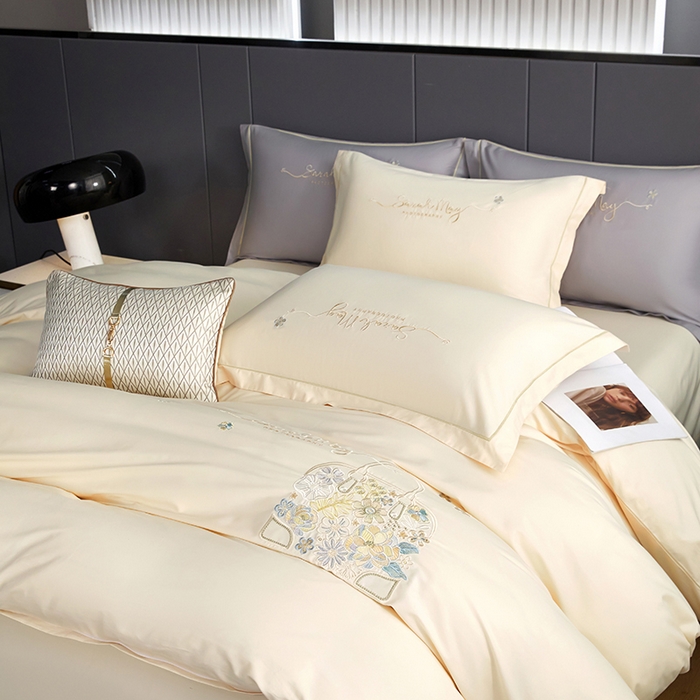 91家纺网 家纺一手货源 找家纺 威克凯丽 2024新款纯色绣花13372系列四件套 时尚-奶白色