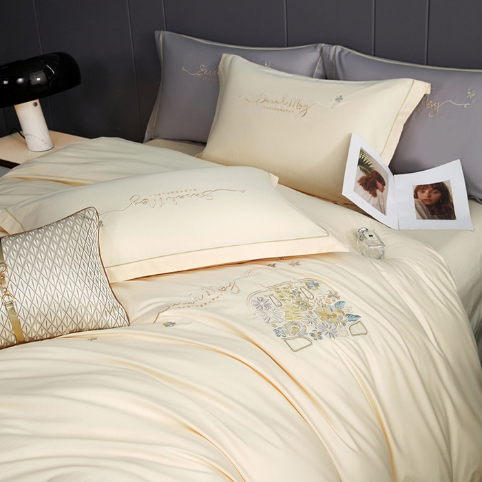 91家纺网 家纺一手货源 找家纺 威克凯丽 2024新款纯色绣花13372系列四件套 时尚-奶白色