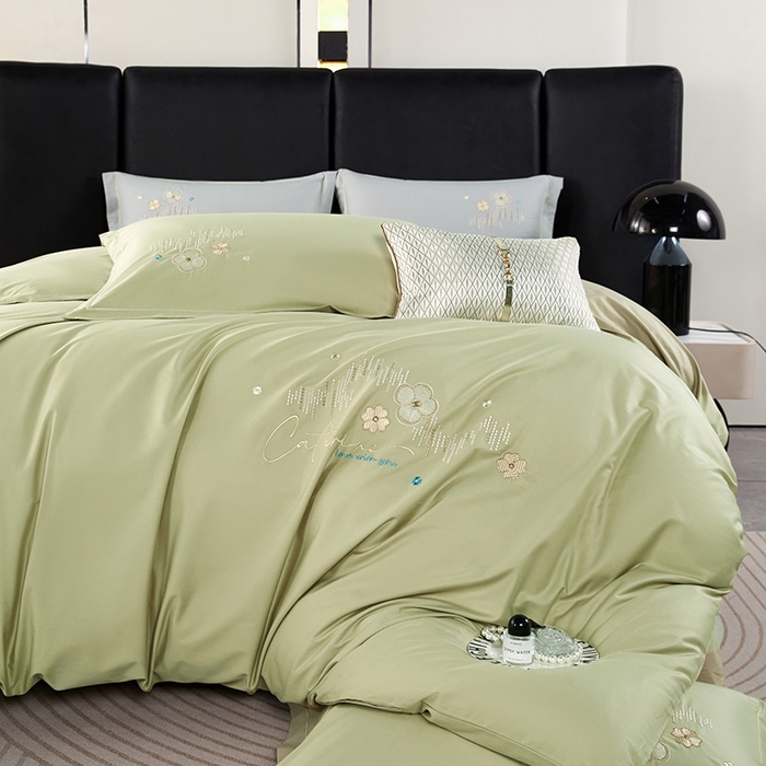 91家纺网 家纺一手货源 找家纺 威克凯丽 2024新款纯色绣花13372系列四件套 臻雅-艾叶绿