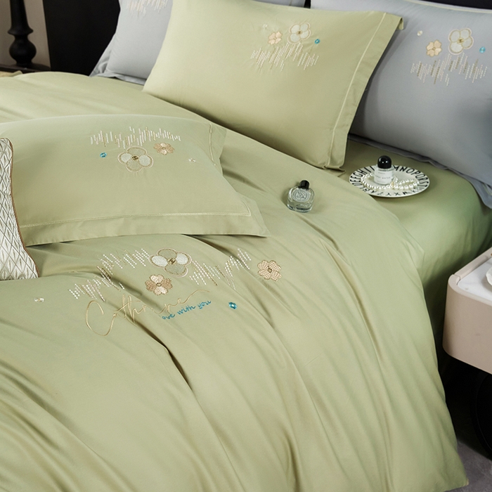 91家纺网 家纺一手货源 找家纺 威克凯丽 2024新款纯色绣花13372系列四件套 臻雅-艾叶绿