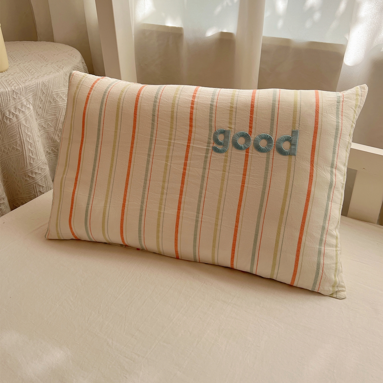 91家纺网 家纺一手货源 找家纺 丽涵家纺 2025新款全棉纯棉色织水洗棉刺绣婴幼儿童枕套枕套单件单枕套-儿童款 韵律-绿