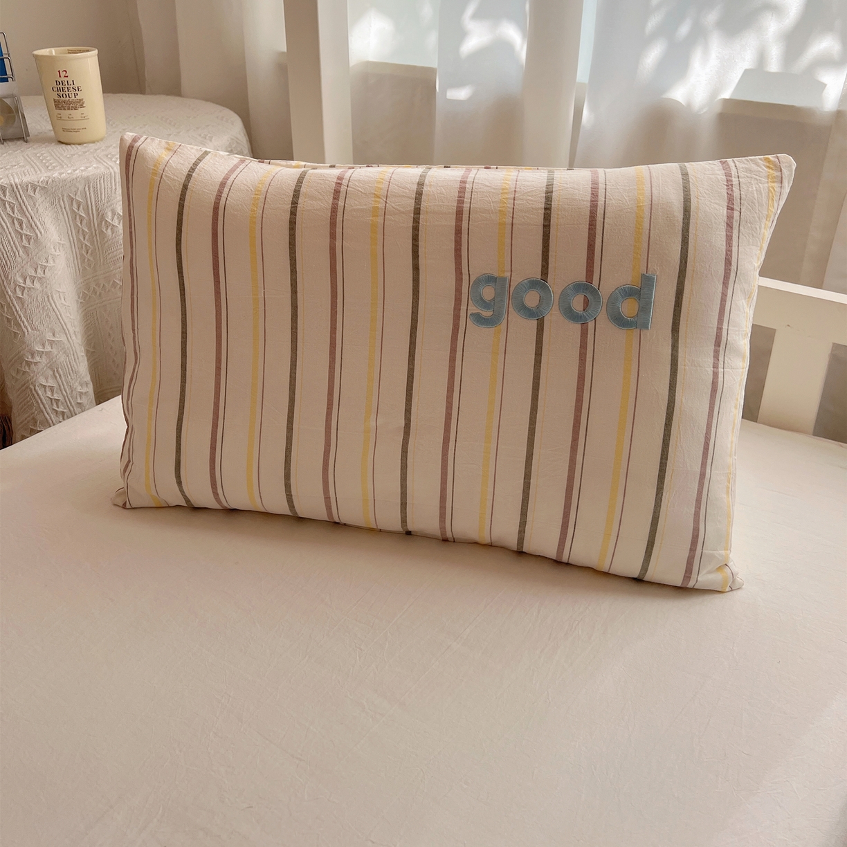 91家纺网 家纺一手货源 找家纺 丽涵家纺 2025新款全棉纯棉色织水洗棉刺绣婴幼儿童枕套枕套单件单枕套-儿童款 韵律-咖