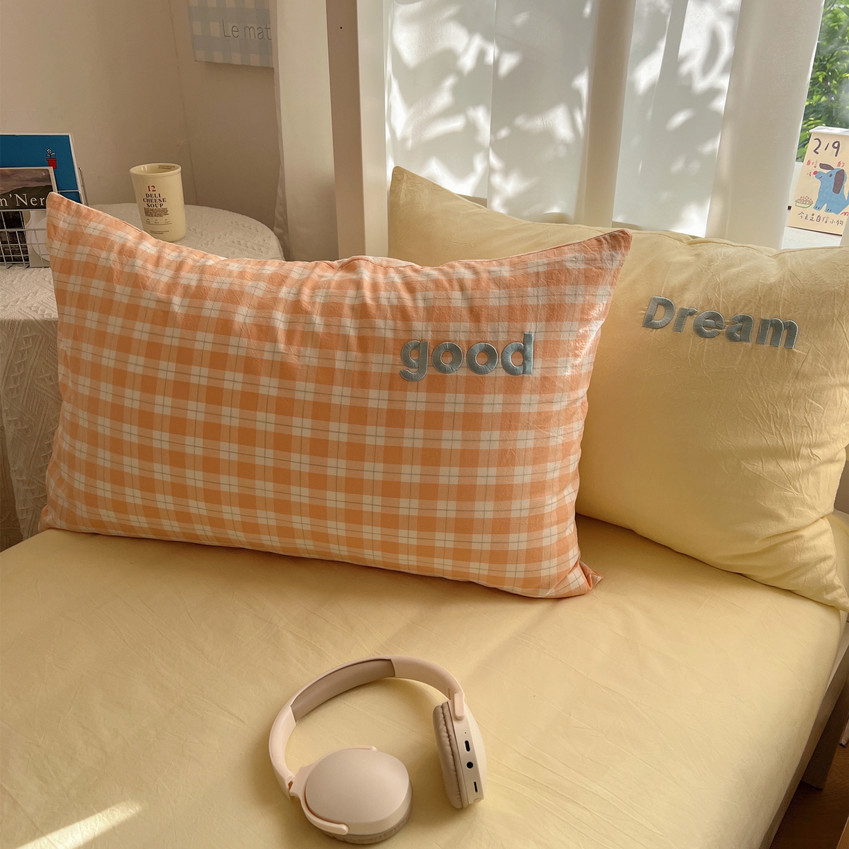 丽涵家纺 2025新款全棉纯棉色织水洗棉刺绣单品枕套枕套单件单枕套-常规单人款 尚格-桔+好梦-黄