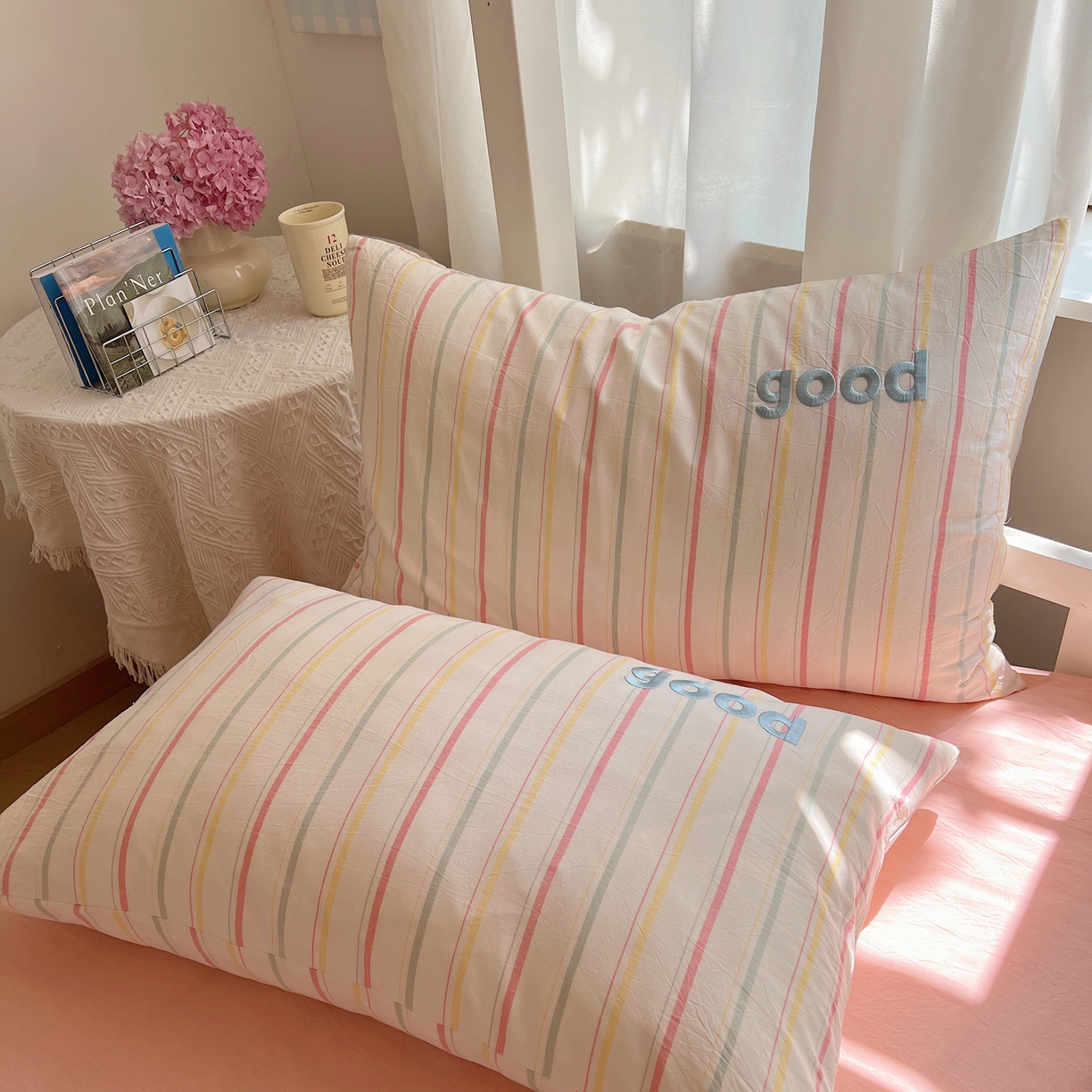 91家纺网 家纺一手货源 找家纺 丽涵家纺 2025新款全棉纯棉色织水洗棉刺绣单品枕套枕套单件单枕套-常规单人款 韵律-粉