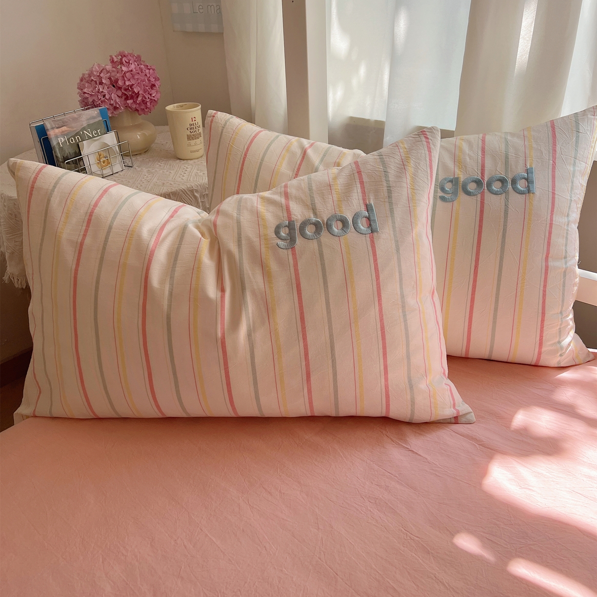 丽涵家纺 2025新款全棉纯棉色织水洗棉刺绣单品枕套枕套单件单枕套-常规单人款 韵律-粉