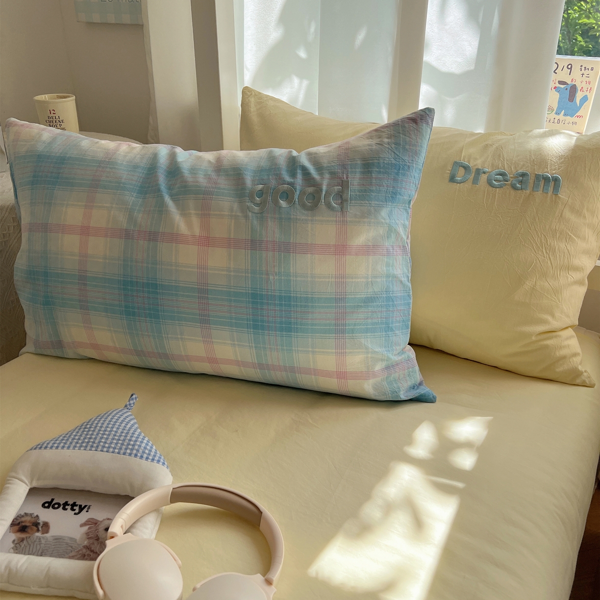 丽涵家纺 2025新款全棉纯棉色织水洗棉刺绣单品枕套枕套单件单枕套-常规单人款 梦想-兰+好梦-黄