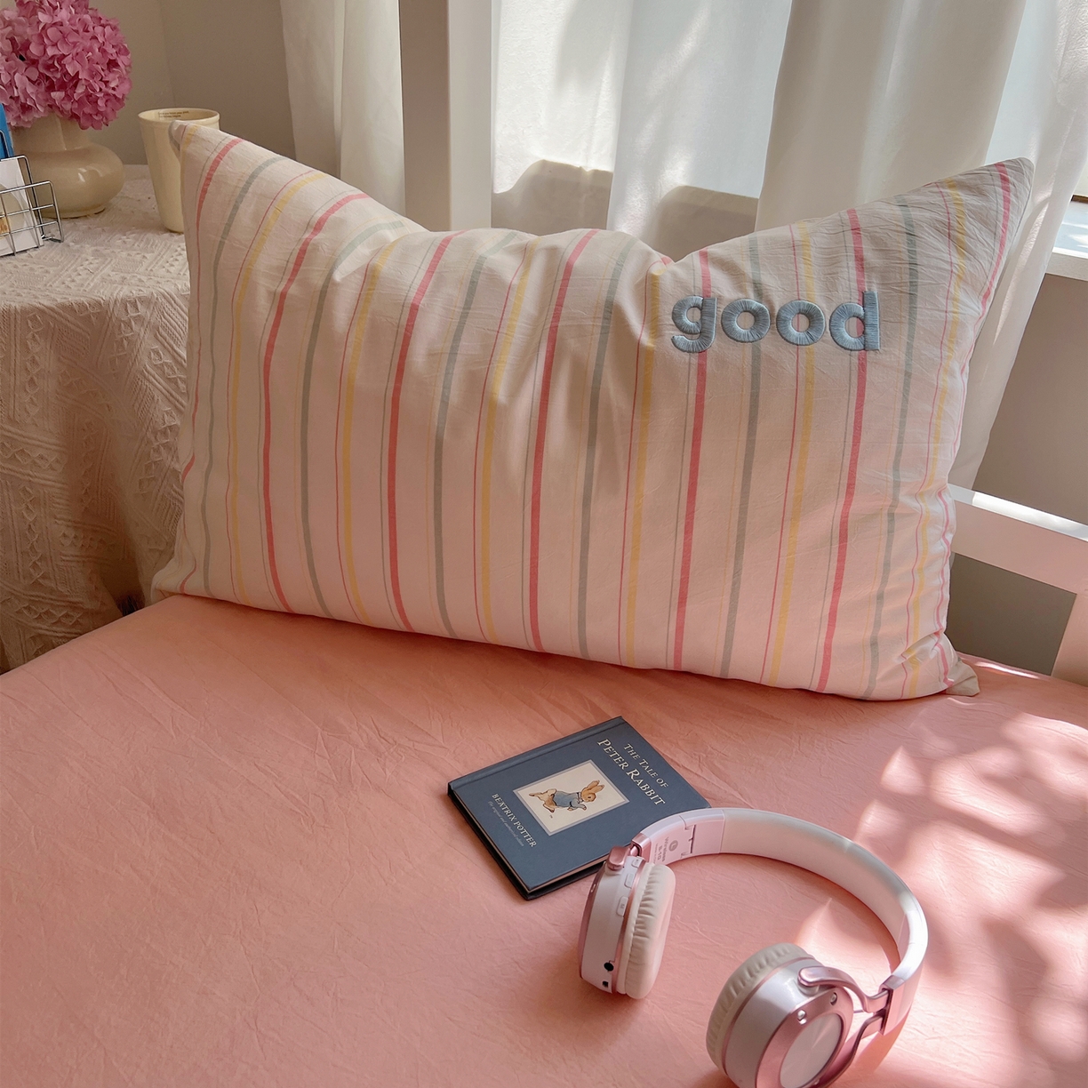 91家纺网 家纺一手货源 找家纺 丽涵家纺 2025新款全棉纯棉色织水洗棉刺绣单品枕套枕套单件单枕套-常规单人款 韵律-粉