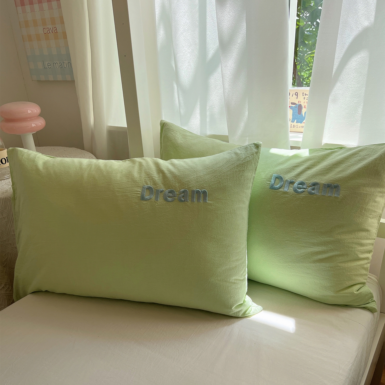 丽涵家纺 2025新款全棉纯棉色织水洗棉刺绣单品枕套枕套单件单枕套-常规单人款 好梦-绿
