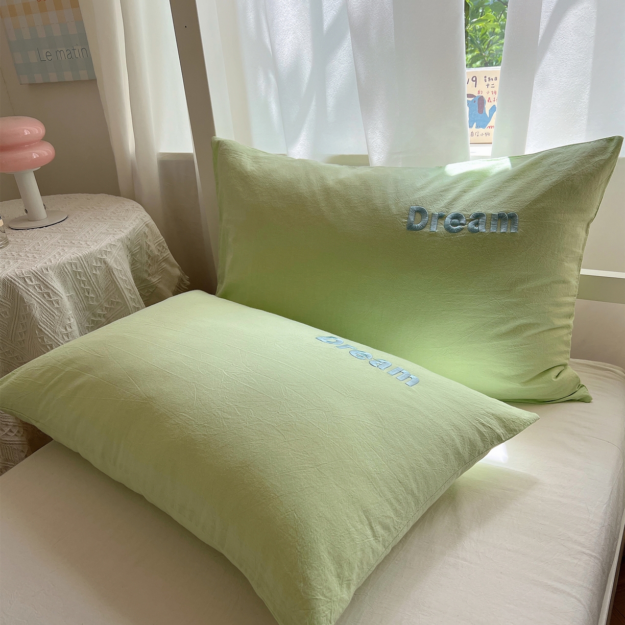 91家纺网 家纺一手货源 找家纺 丽涵家纺 2025新款全棉纯棉色织水洗棉刺绣单品枕套枕套单件单枕套-常规单人款 好梦-绿