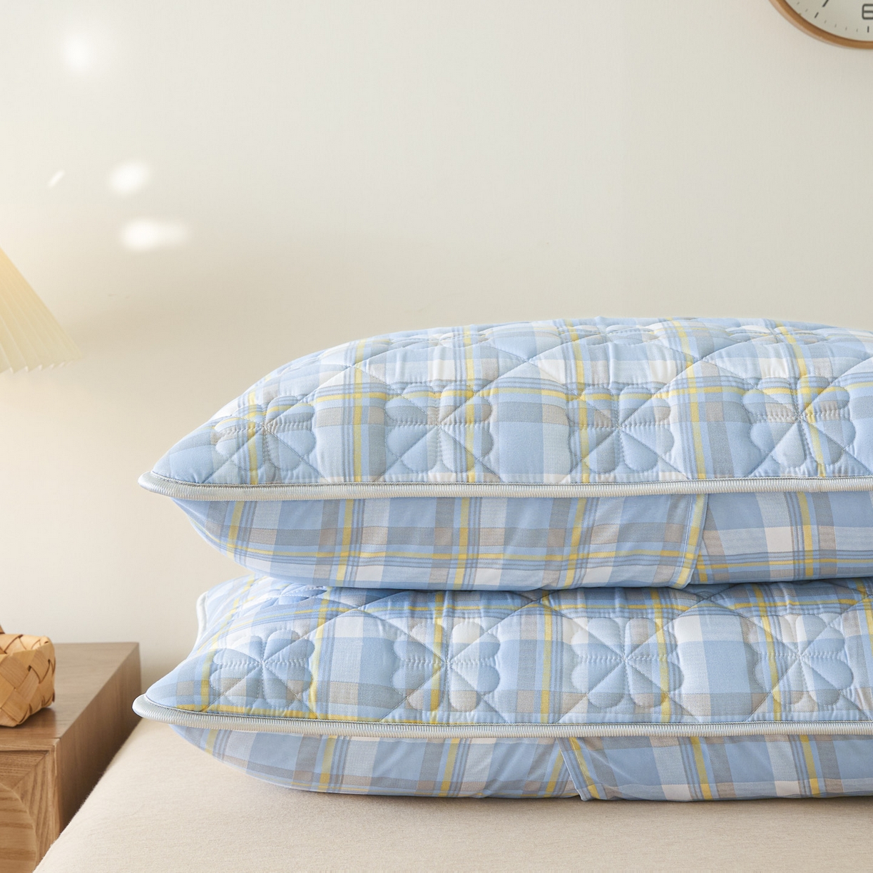 91家纺网 家纺一手货源 找家纺 芬晴家纺 2025新款A类大豆夹棉格子枕套单件单枕套防口水头油 简夕蓝