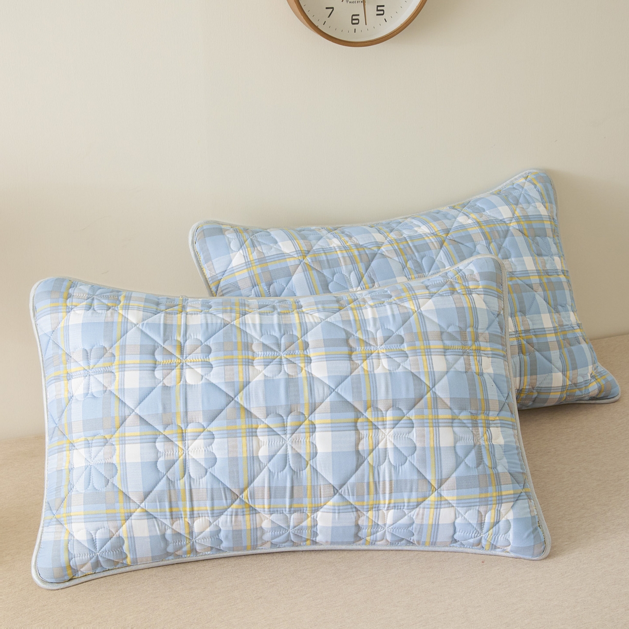 芬晴家纺 2025新款A类大豆夹棉格子枕套单件单枕套防口水头油 简夕蓝