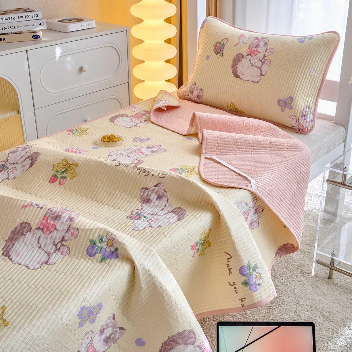 91家纺网 家纺一手货源 找家纺 X猫先生 2025小清新全棉学生床盖-新增花型 泫雅猫咪