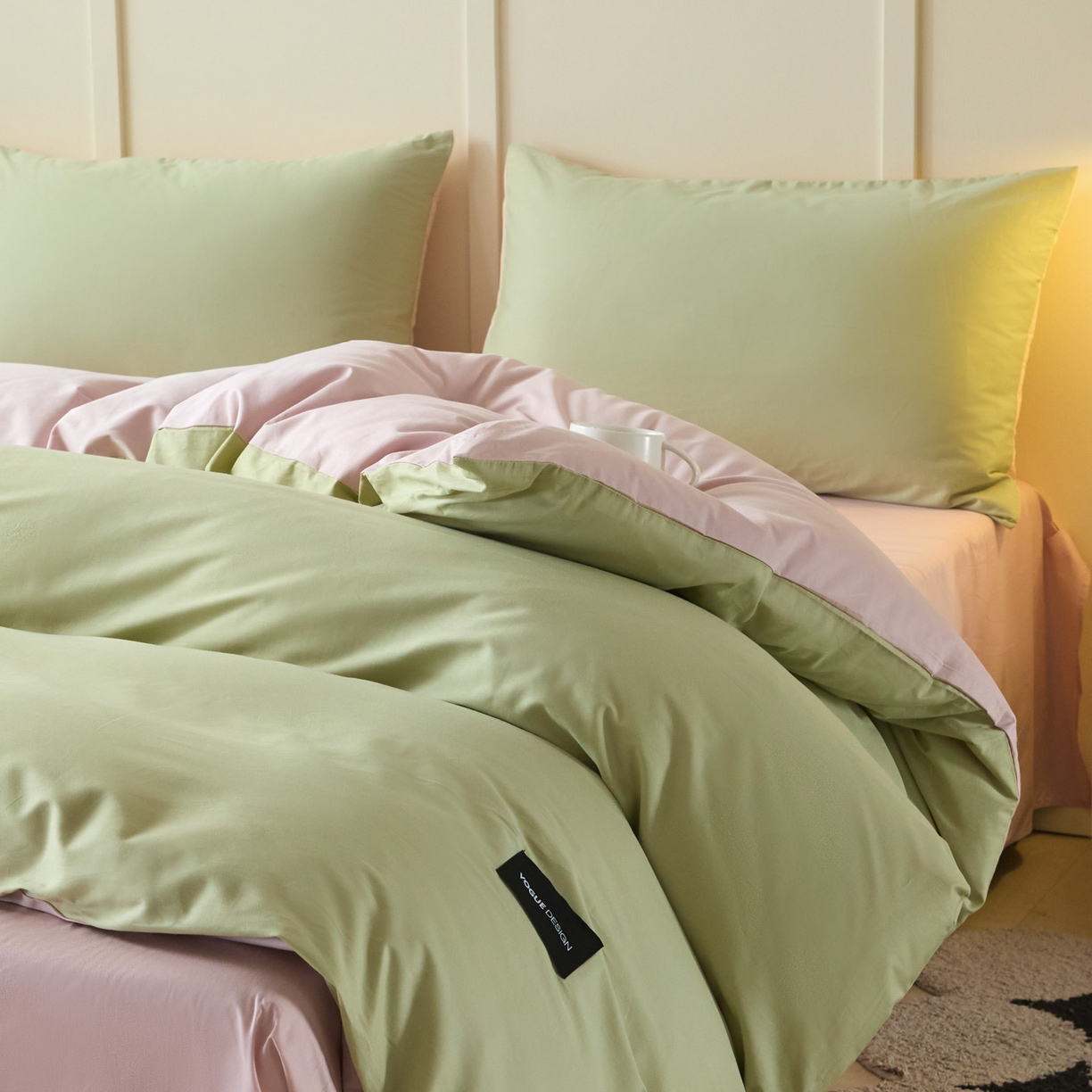 91家纺网 家纺一手货源 找家纺 乐美家纺 2025新款全棉双拼单被套 豆绿+西梅粉