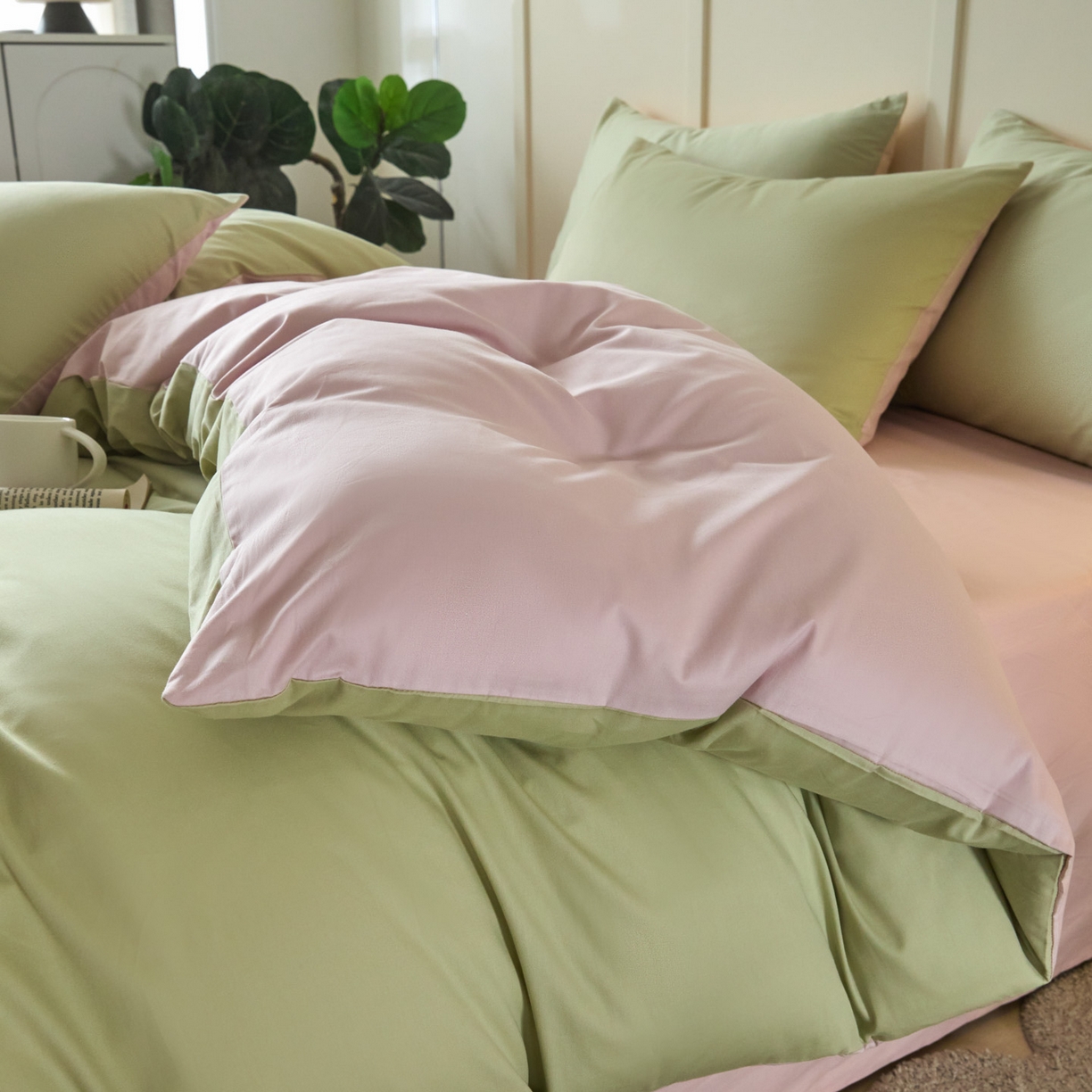 91家纺网 家纺一手货源 找家纺 乐美家纺 2025新款全棉双拼单被套 豆绿+西梅粉