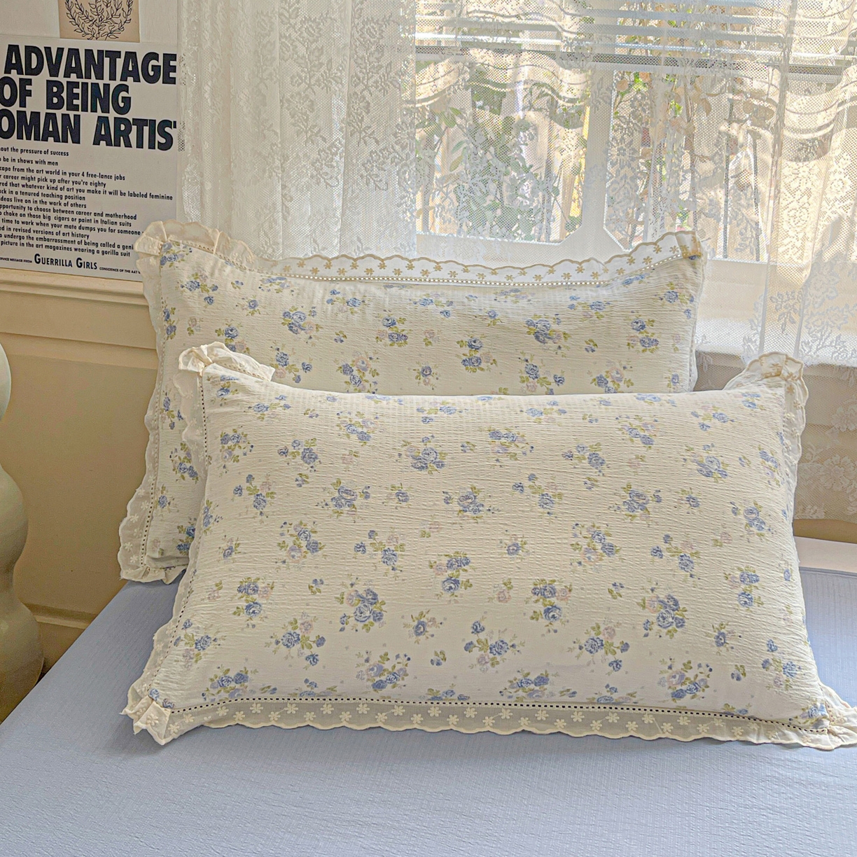 91家纺网 家纺一手货源 找家纺 水木坊 2025新款皱皱双层纱镂空花边四件套 一帘幽梦