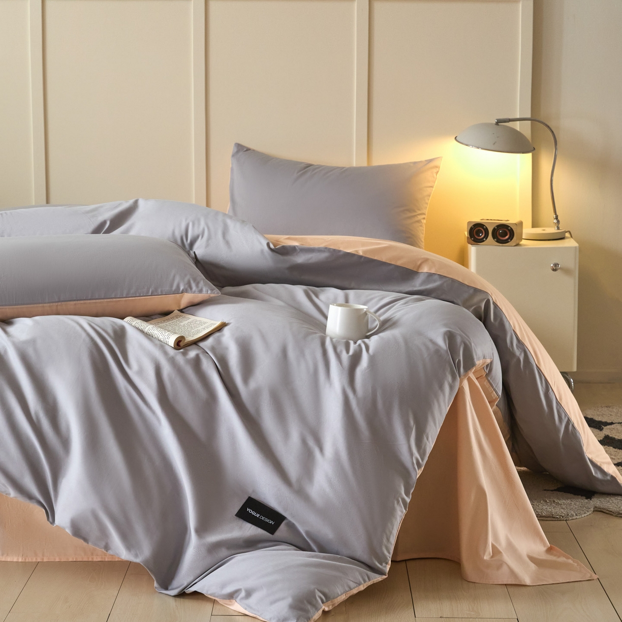 91家纺网 家纺一手货源 找家纺 乐美家纺 2025新款全棉双拼单被套 石灰+米杏