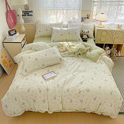 91家纺网 家纺一手货源 找家纺 （总）水木坊 2025新款皱皱双层纱镂空花边四件套