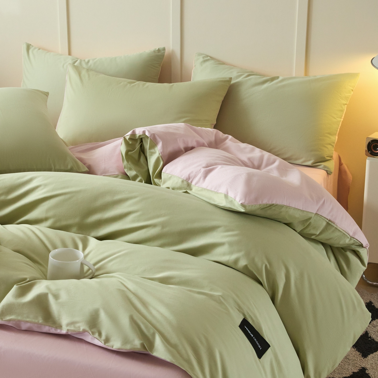 91家纺网 家纺一手货源 找家纺 乐美家纺 2025新款全棉双拼单被套 豆绿+西梅粉
