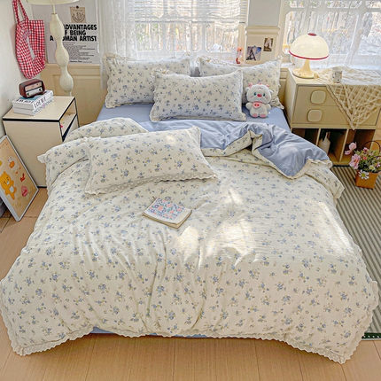 91家纺网 家纺一手货源 找家纺 （总）水木坊 2025新款皱皱双层纱镂空花边四件套